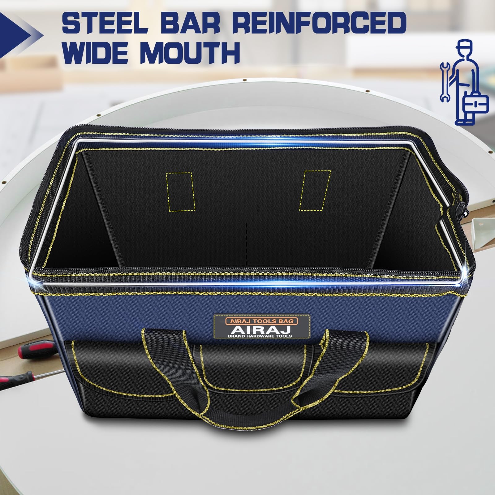 AIRAJ 16 Inch Tool Bag,Wide Mouth Bags for Men,Tools 16″, Blue-black