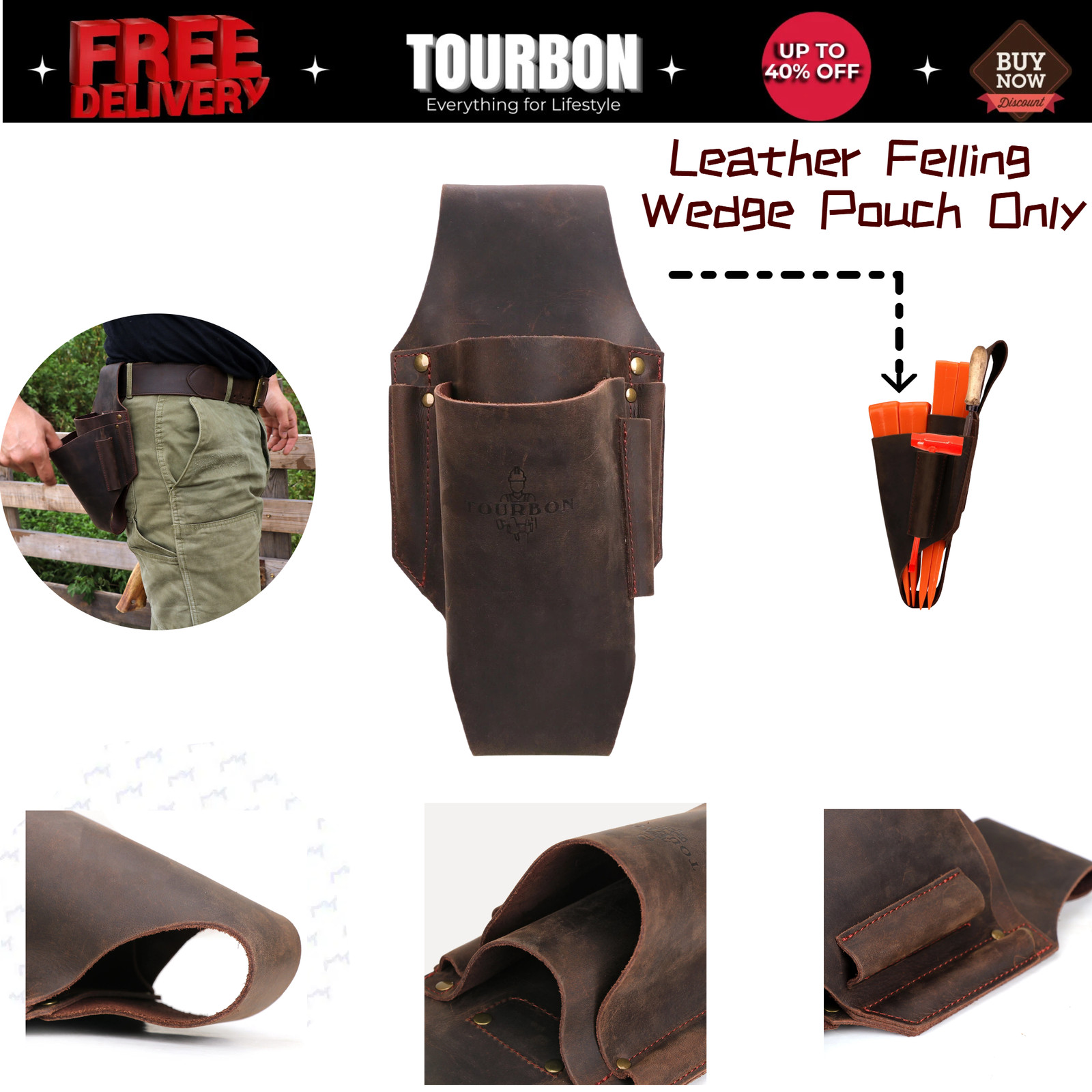 TOURBON Leather Felling Wedge Holster Tool Pouch Belt File Case Holder Bag