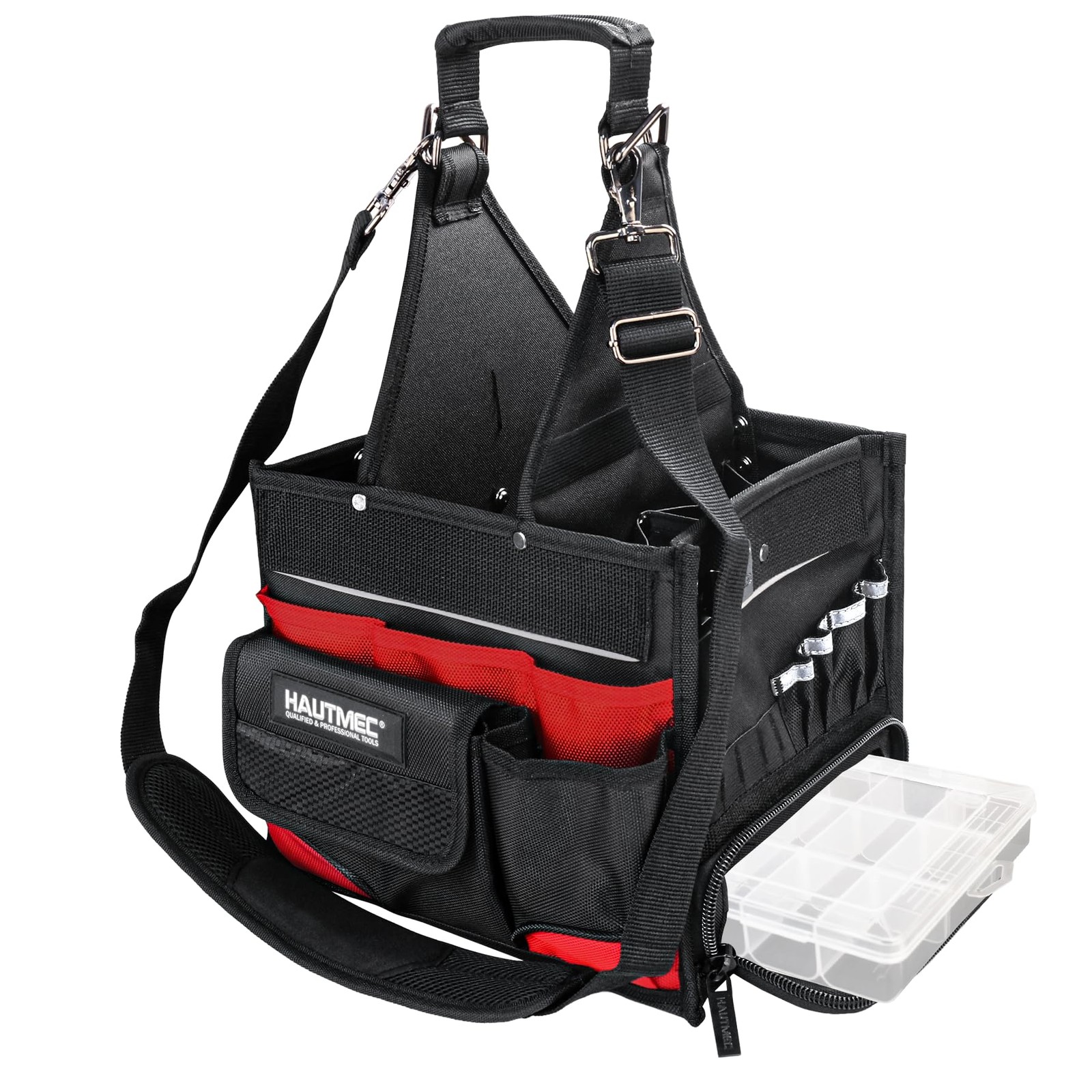 HAUTMEC Electrician Tool Bag with Parts Tray, 11-Inch, Black & Red