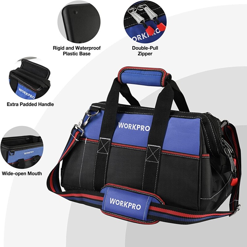 WORKPRO Wide Mouth Tool Bag Heavy Duty Tool Storage Bag w/Shoulder Strap 16-inch
