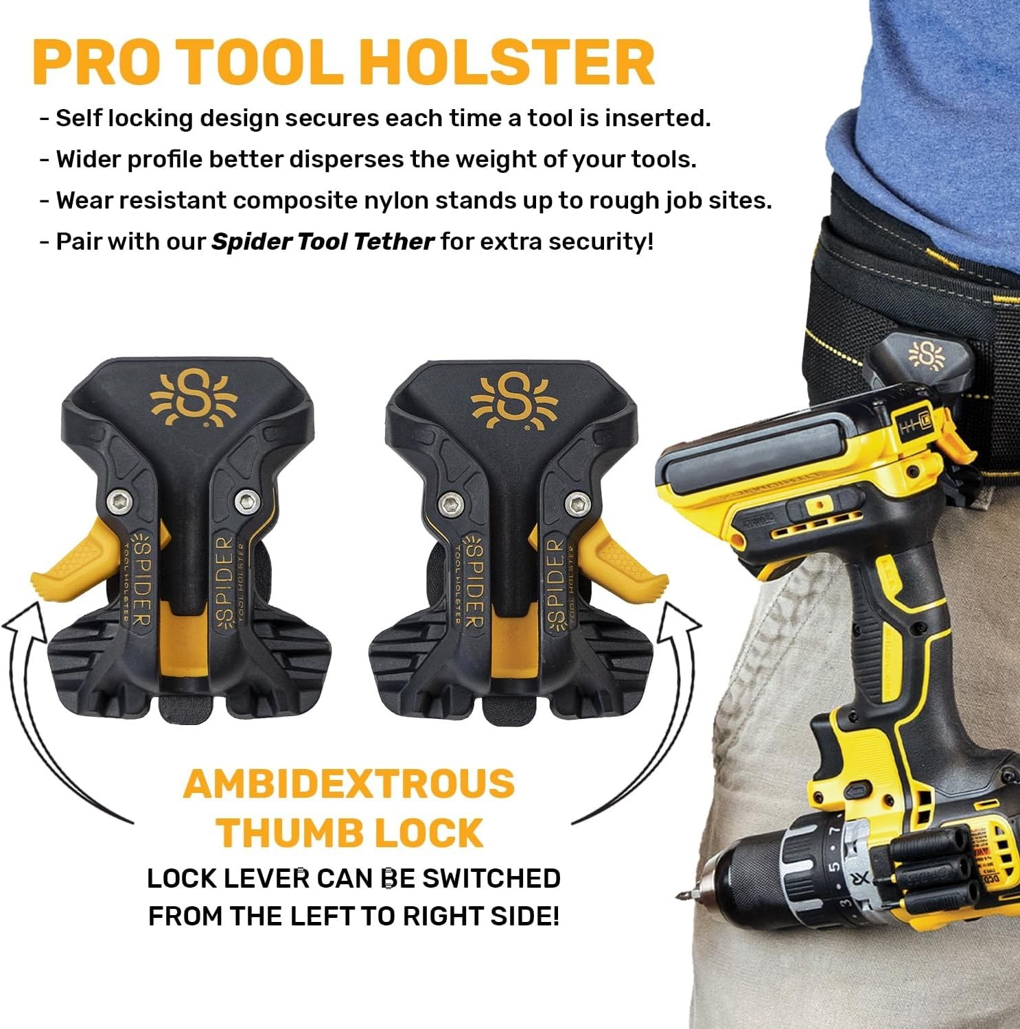 Spider Pro Holster: Upgraded Quick-Draw Tool Holder with Ambidextrous Lock