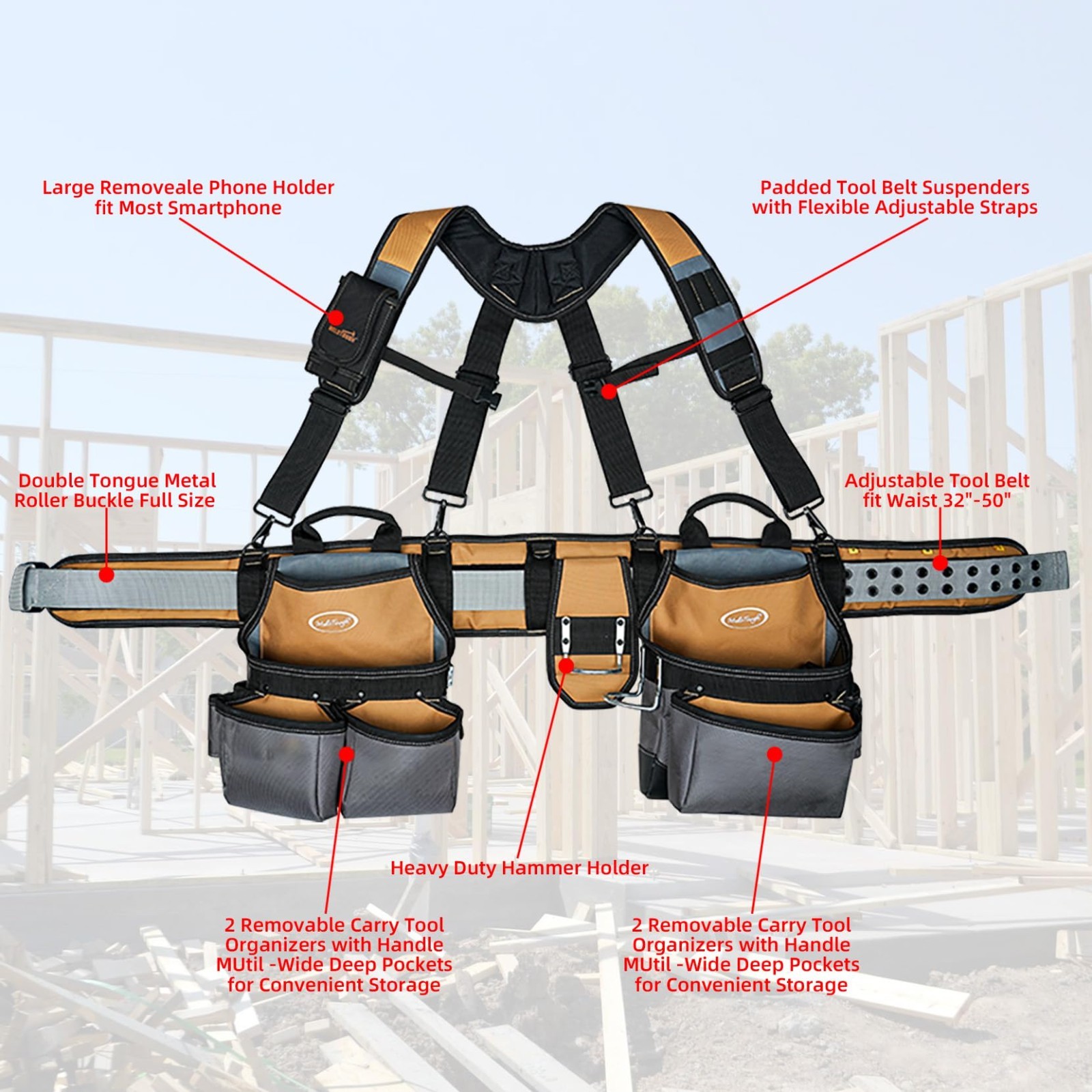 28-Pocket Heavy Duty Tool Belt with Padded Suspenders & Magnetic Holder – Perfec
