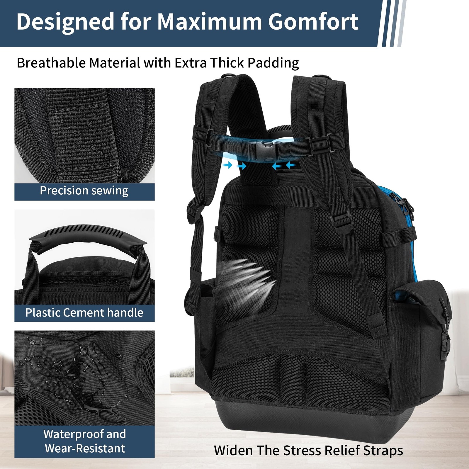 BLISSWILL Tool Backpack Heavy Duty Tool Bag Men Waterproof Molded Base 62