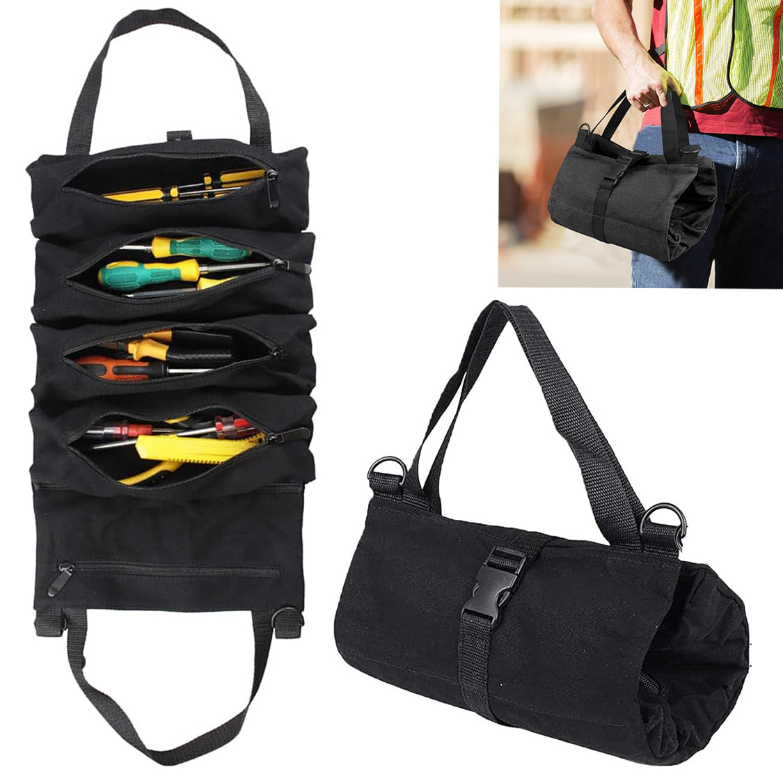 Multi-Purpose Tool Roll Up Bag Wrench Pouch Canvas Hanging Organizer w/ 5 Pocket