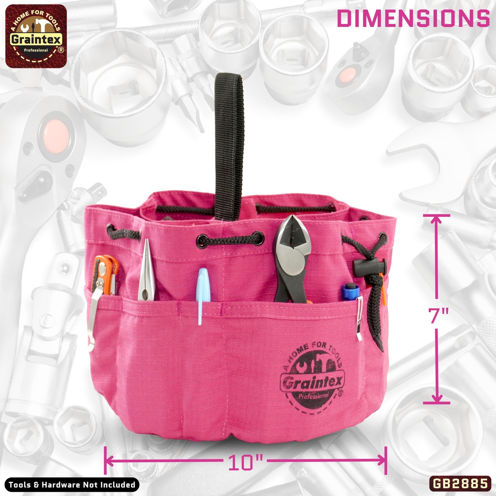 Pink Tool Grab Bag Durable Canvas Organizer with Drawstring Closure and Pockets