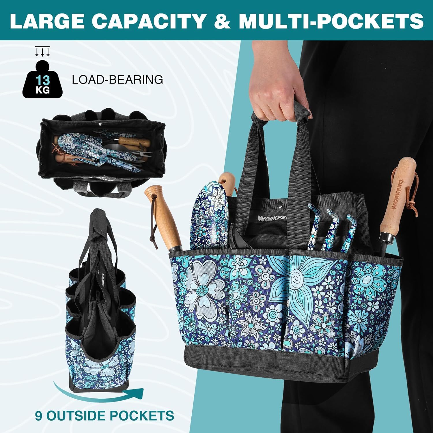 WORKPRO Garden Tool Bag, 9 Pockets Garden Tote Bag 12″ x 12″ x 6″ (Floral Blue)