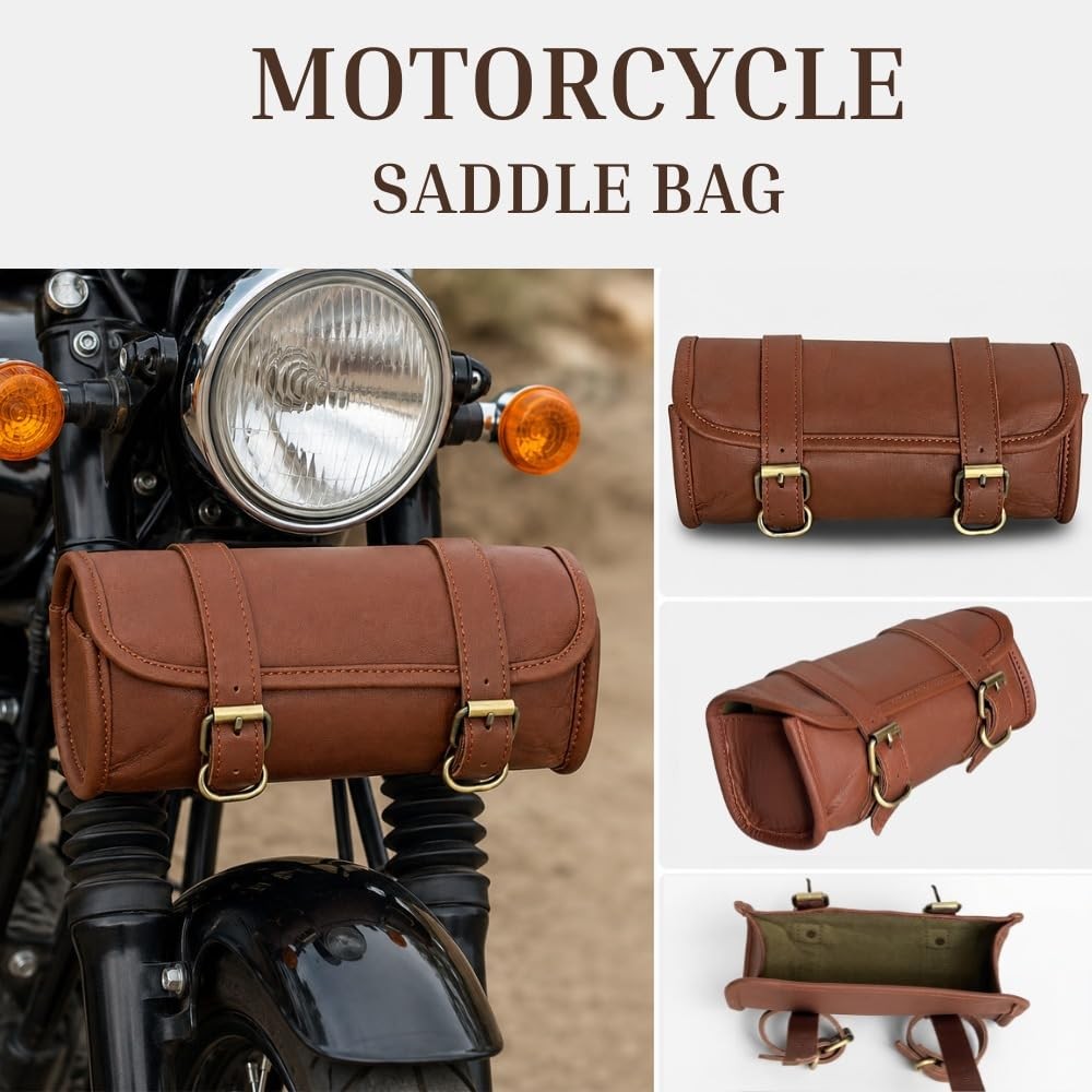 Genuine Goat Leather Vintage Motorcycle 2 Strap Buckle Closure Tool Brown Bag…