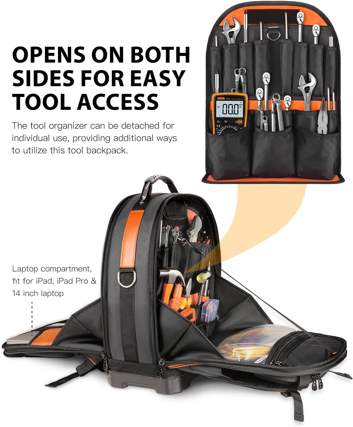 Heavy Duty Tool Backpack, 18-Inch Hard Shell Electrician Tool Bag, Full-Open Wor