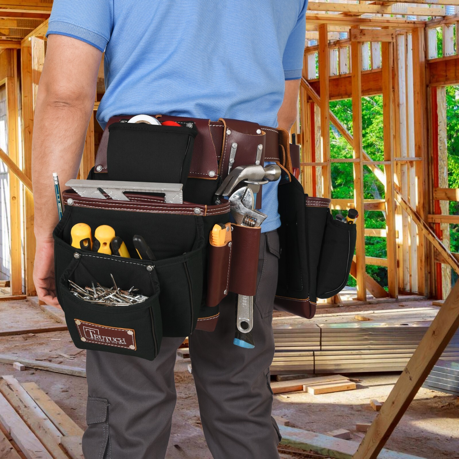 TRUTUCH Black Nylon & Leather Tool Belt with Nylon Work Suspender | Tool Belts
