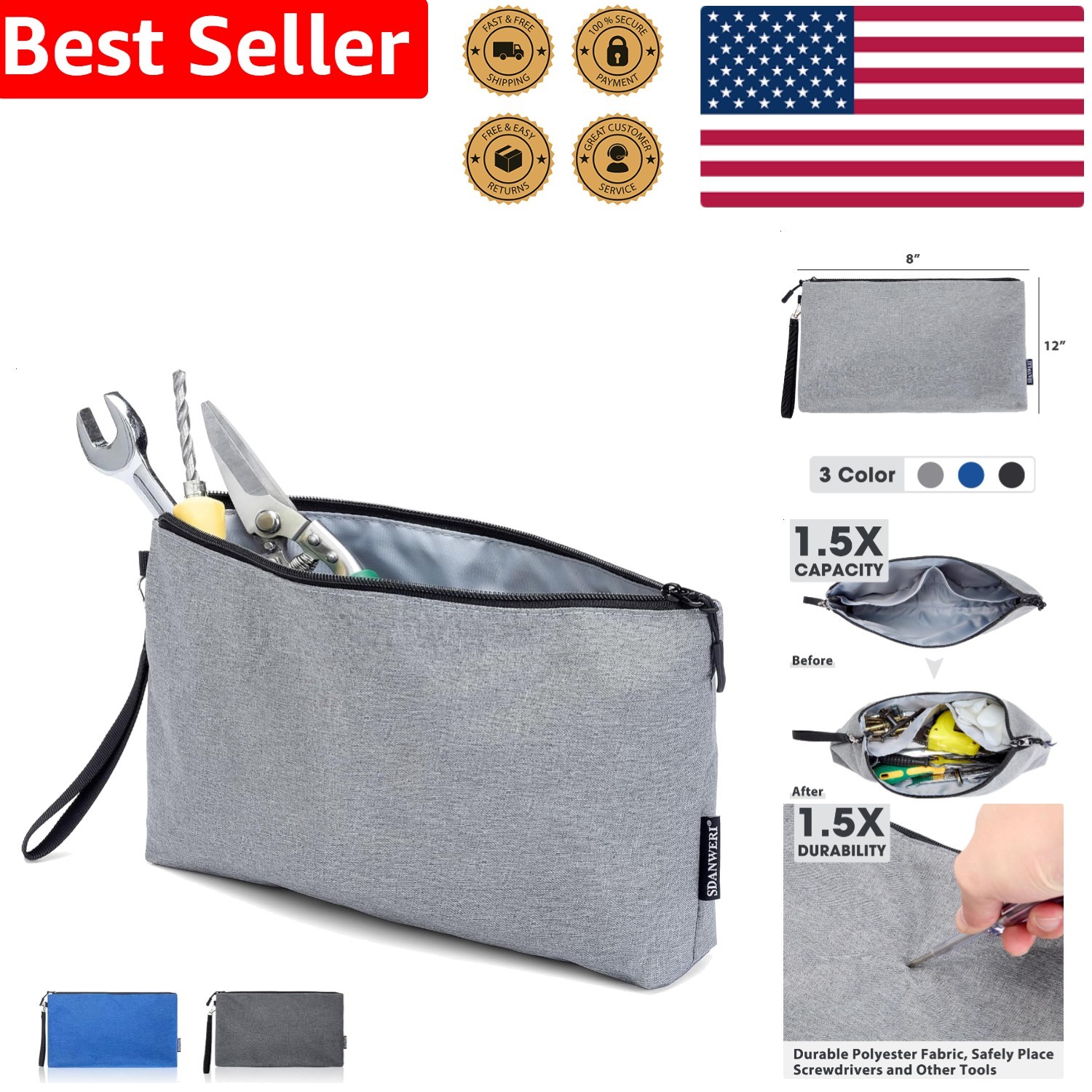 12 Inch Gray Tool Pouch Bag, Travel Organizer, Heavy Duty Polyester Grab Handle