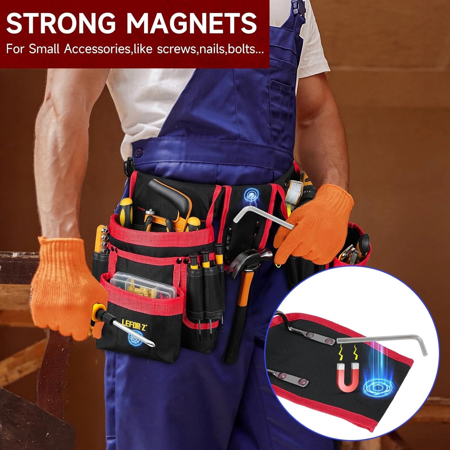 27-Pocket Heavy-Duty Adjustable Tool Belt with Magnetic Pouches in Red & Black