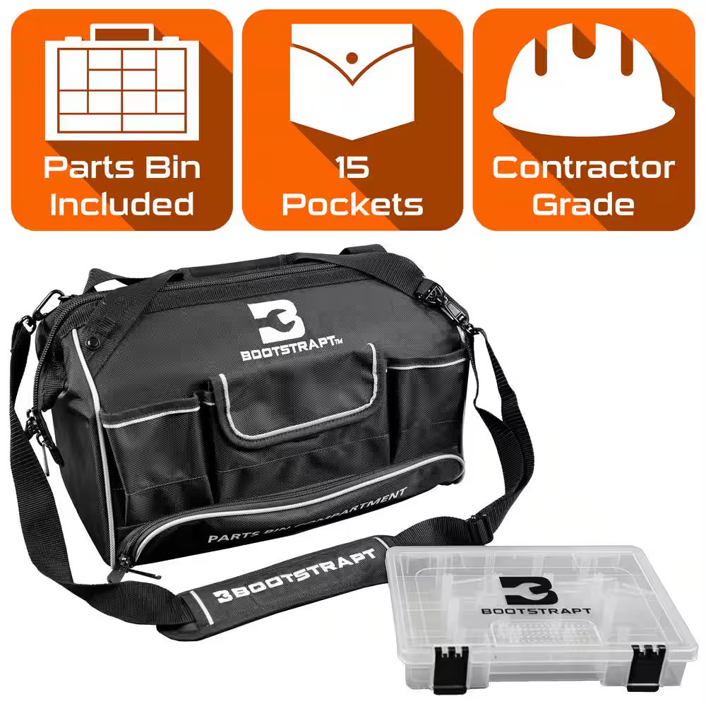 16 In. Large Mouth Tool Bag with Integrated Parts Bin Compartment