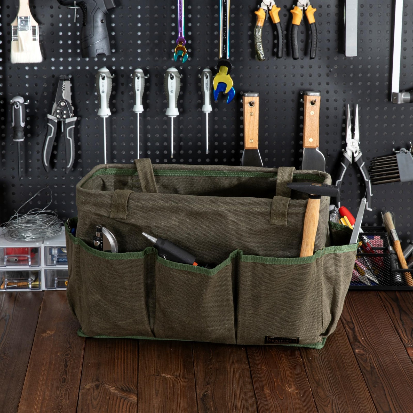 Tool Bag with Metal Frame, Waxed Canvas Wide Open Top Tool Tote Bag with 9 Ex…
