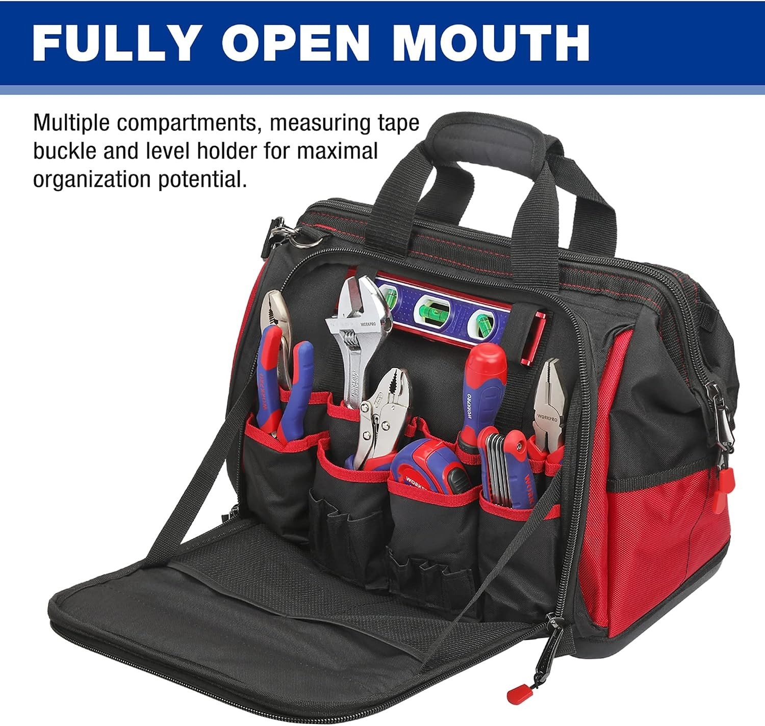 Durable 16″ Tool Storage Bag with Multi-Compartment Design & Waterproof Base