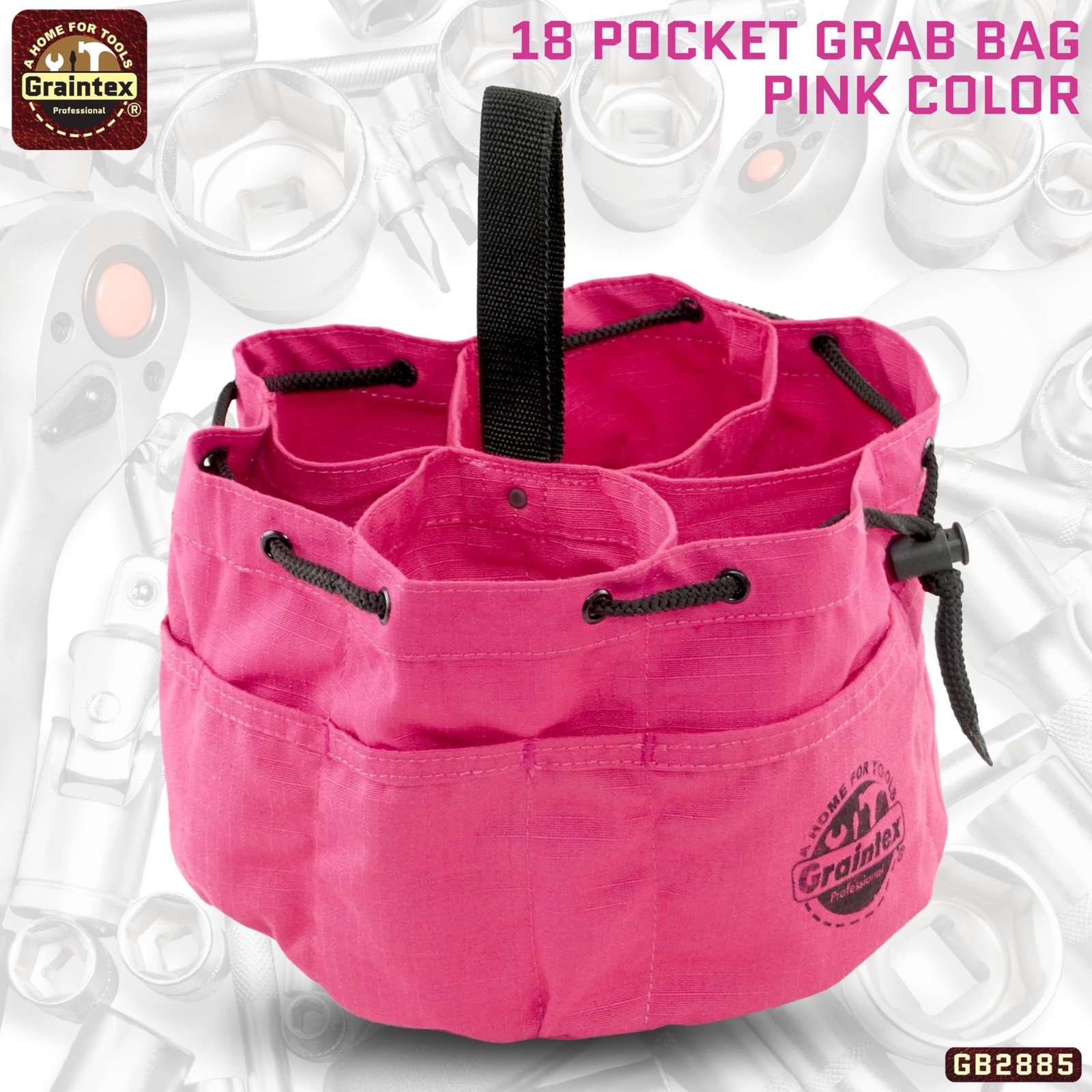 Pink Tool Grab Bag Durable Canvas Organizer with Drawstring Closure and Pockets