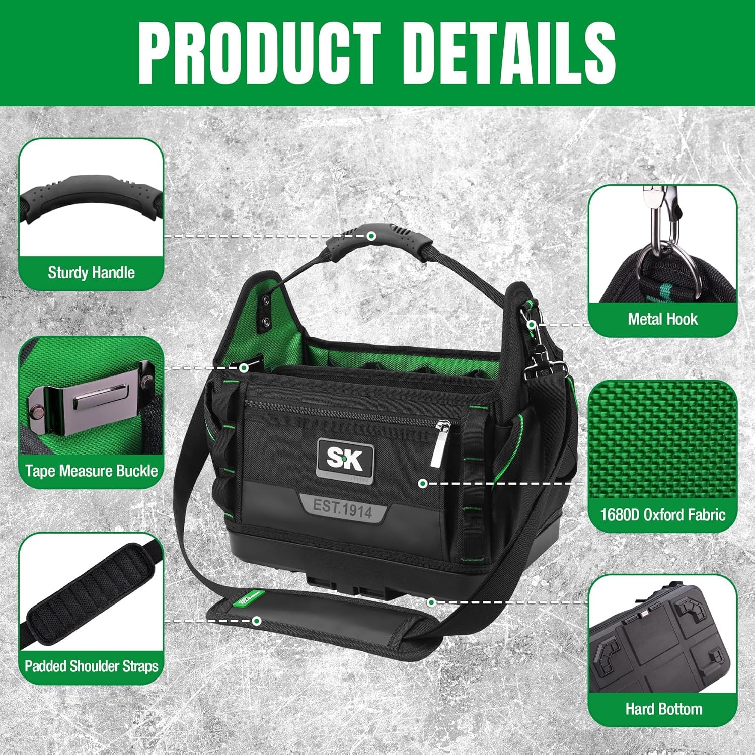 SK 15 Inch Open Top Tool Bag 28 Pockets Heavy Duty