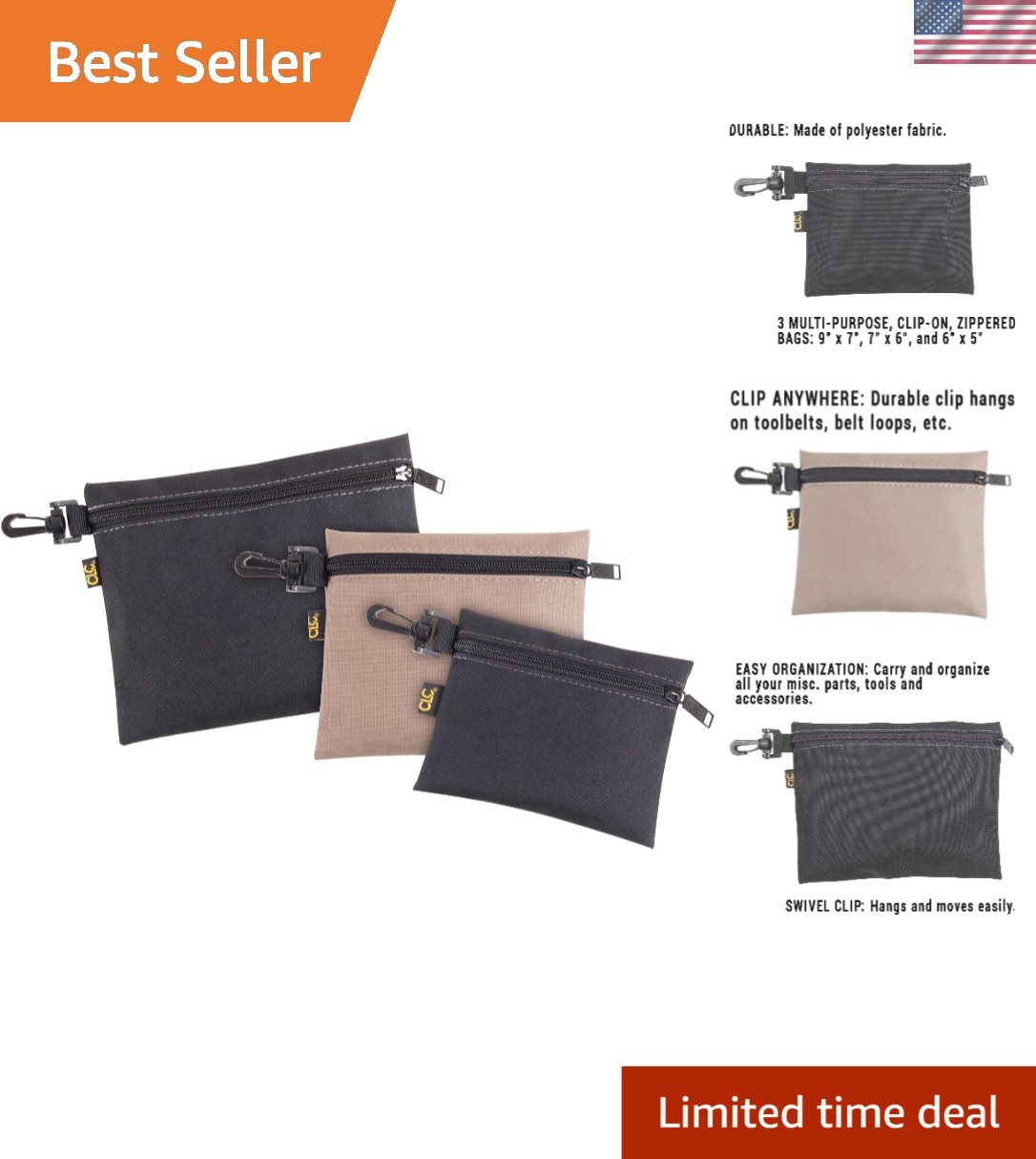 Durable Zip Closure Clip-On Polyester Bags – 3 Pack for Efficient Organization