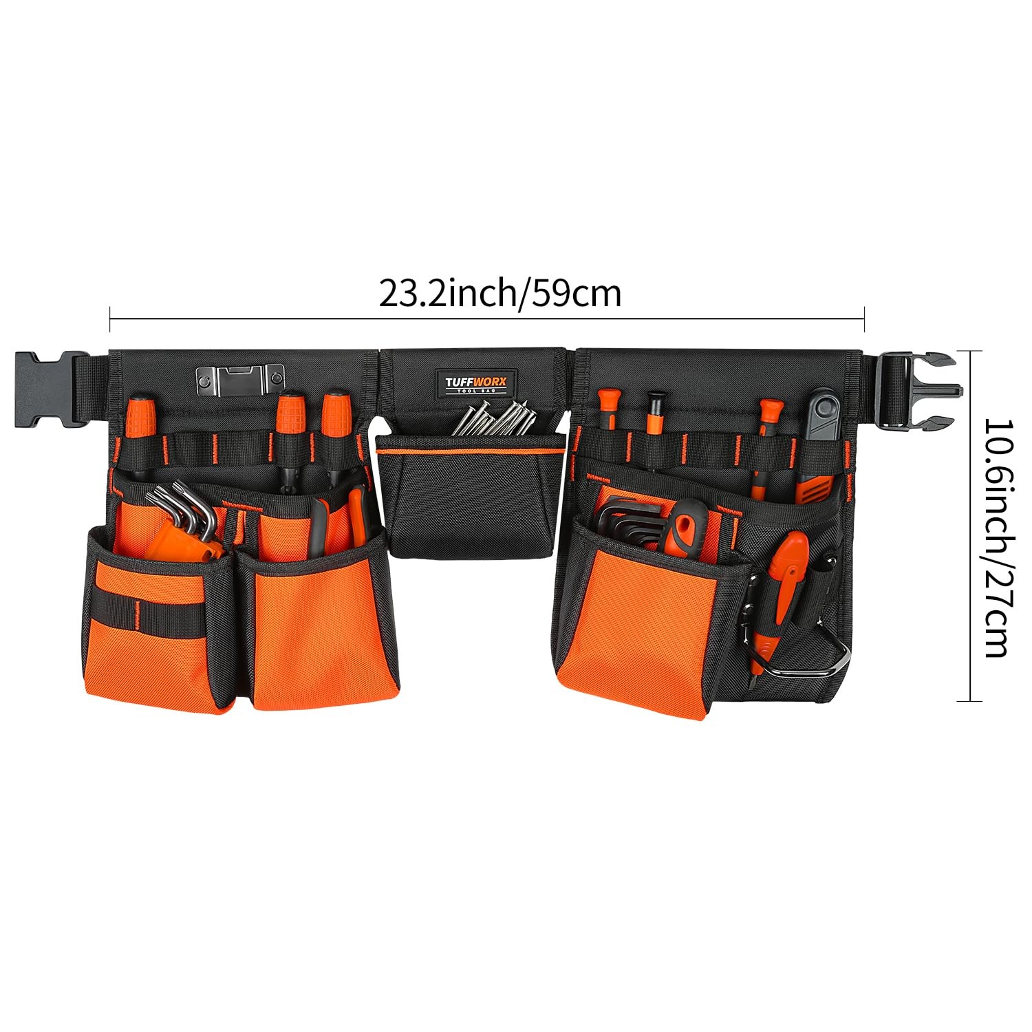 Tool Belt with Multiple Pockets, Heavy Duty Construction Pouch, Black and Orange