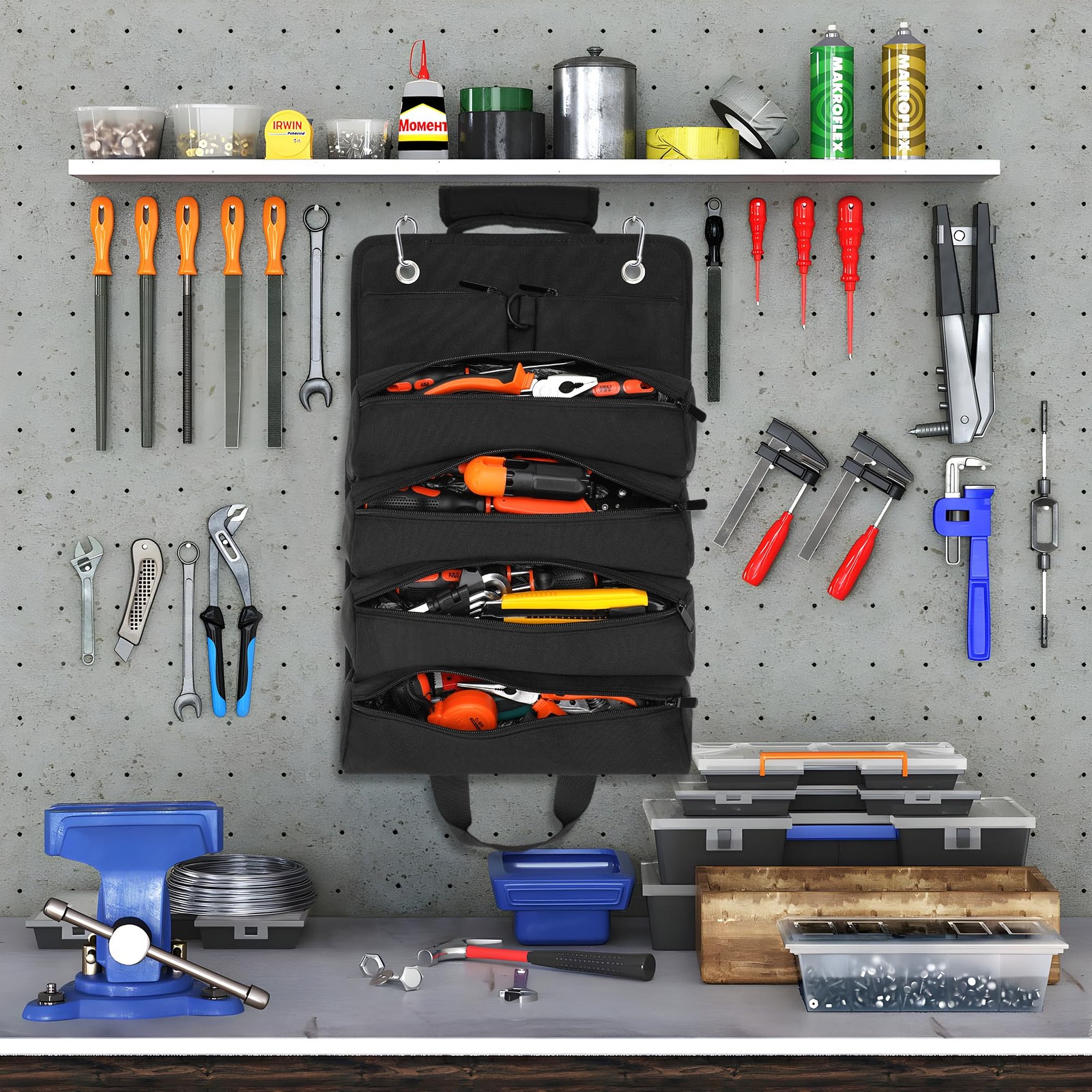 Roll Up Tool Bag Small Box Storage Heavy Duty Organizer 2 Detachable Pouch Blk
