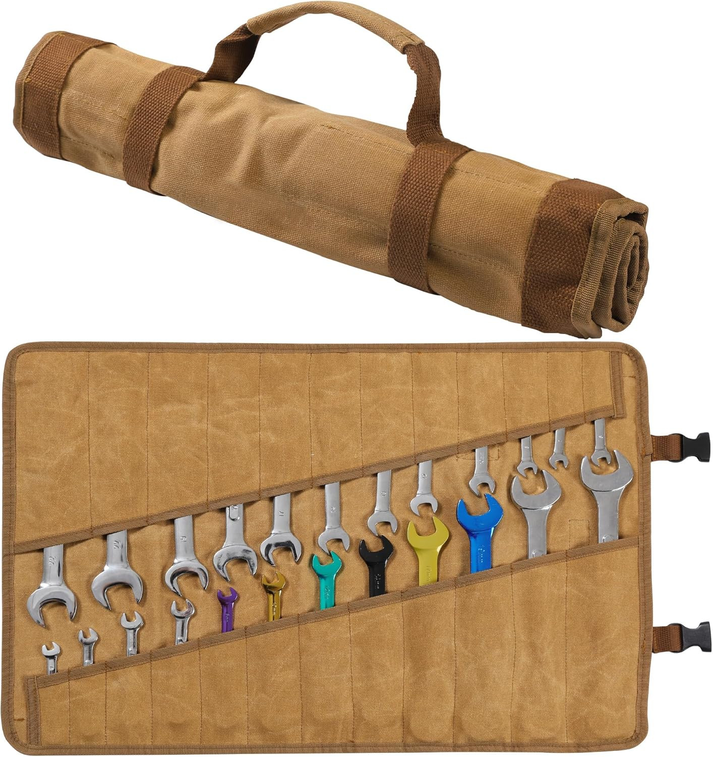 Wrench Roll up Organizer Pouch – Heavy Duty 16Oz Waxed Canvas Tool Bag with 24 P