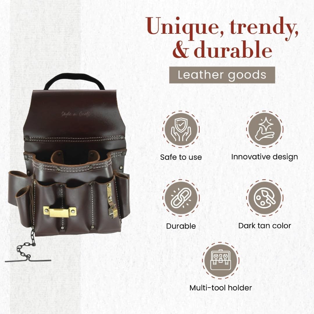 Durable Full-Grain Leather Tool Pouch with 10 Pockets for Electricians, Dark Tan