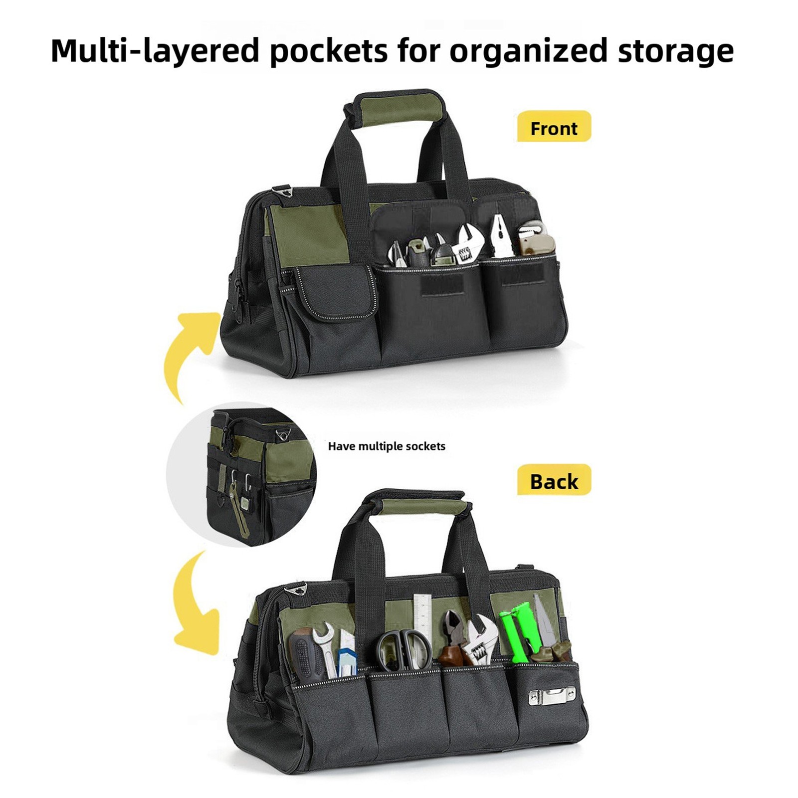 Heavy Tool Bag 15 Inch 25 Pockets Soft Tool Organizer For Electrician Green