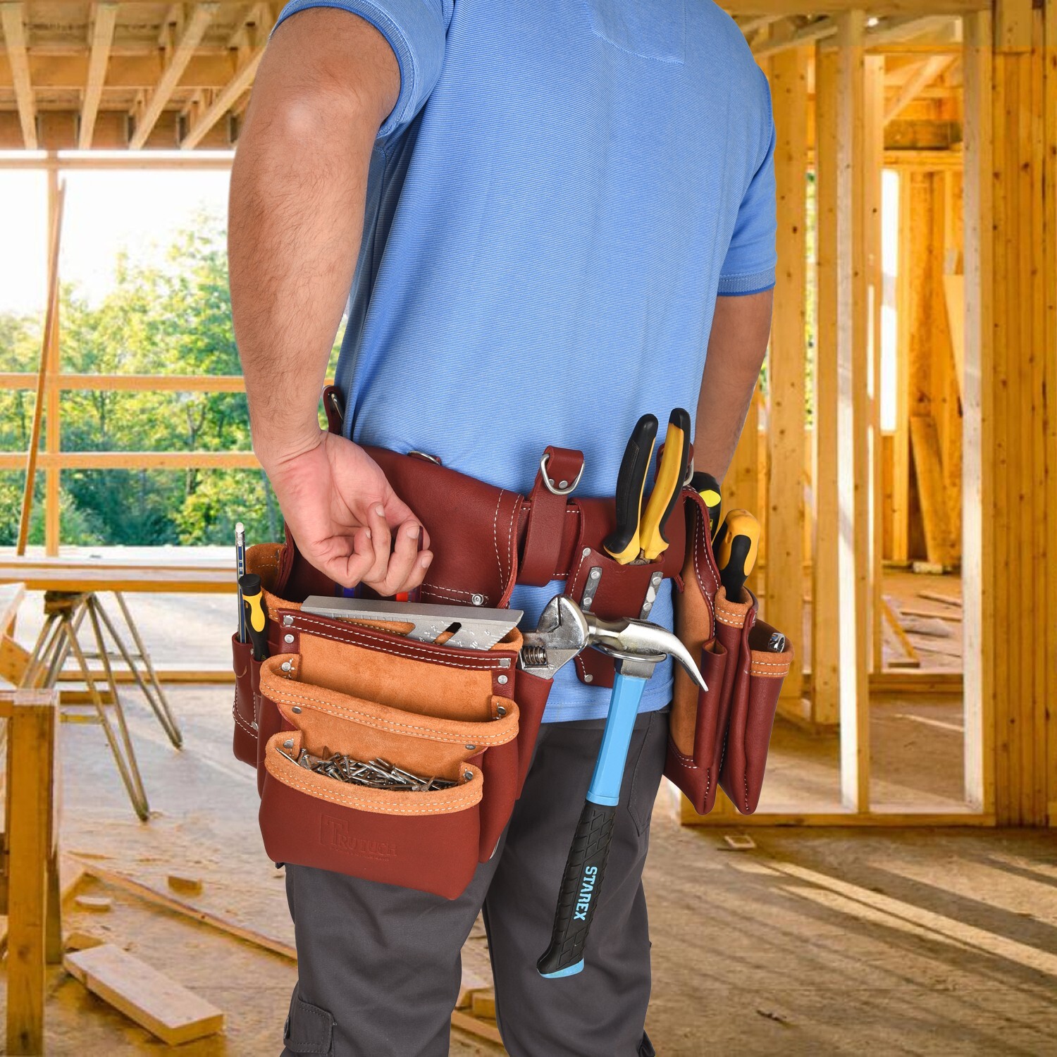 Trutuch Maroon Leather Tool Belt with Suspender | Framers Tool Bag | Tool Belt