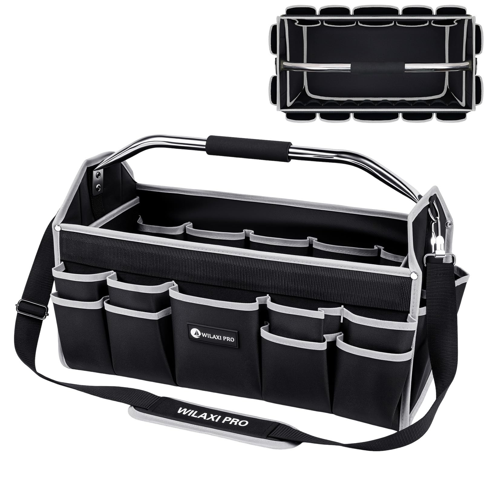 Tool Bag 20 Inch 22 Pockets Heavy Duty Foldable Open Top Electrician Grey
