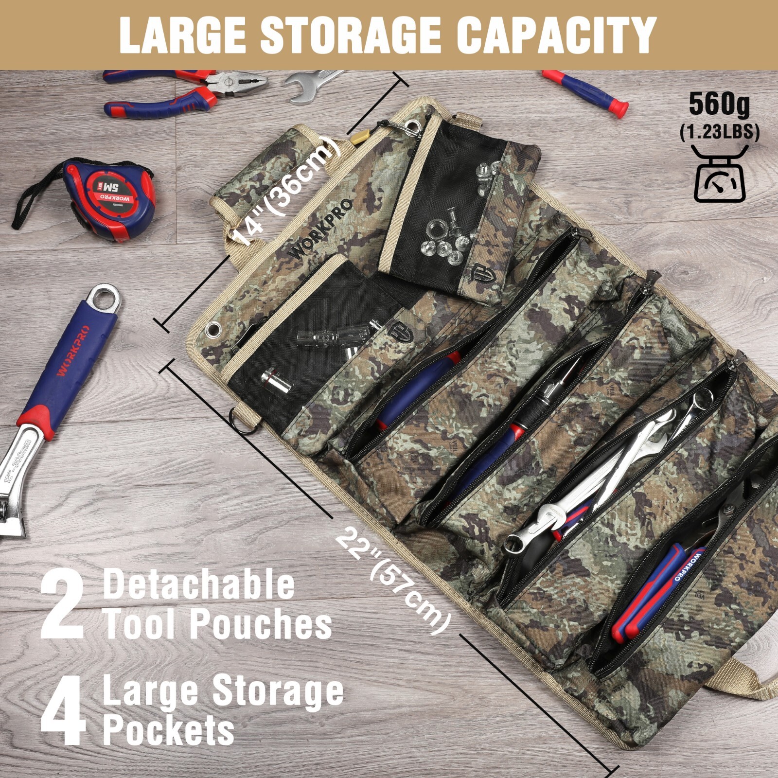 WORKPRO Black/Camo Roll Up Tool Bags with Detachable Tool Pouches with 6 Pockets
