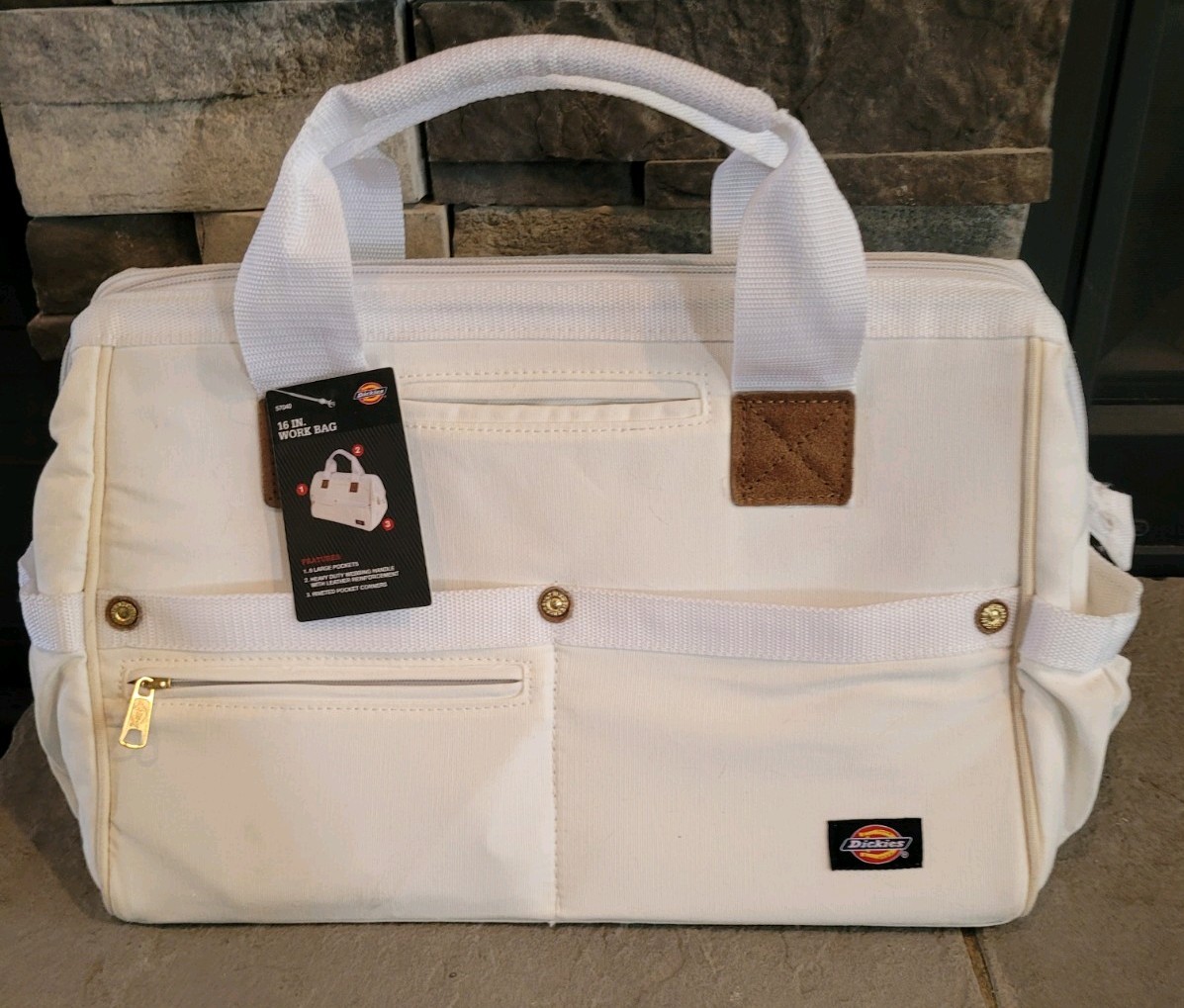 Dickies 16 in Work Bag 57040 White Fabric w/ Leather Reinforcement Riveted