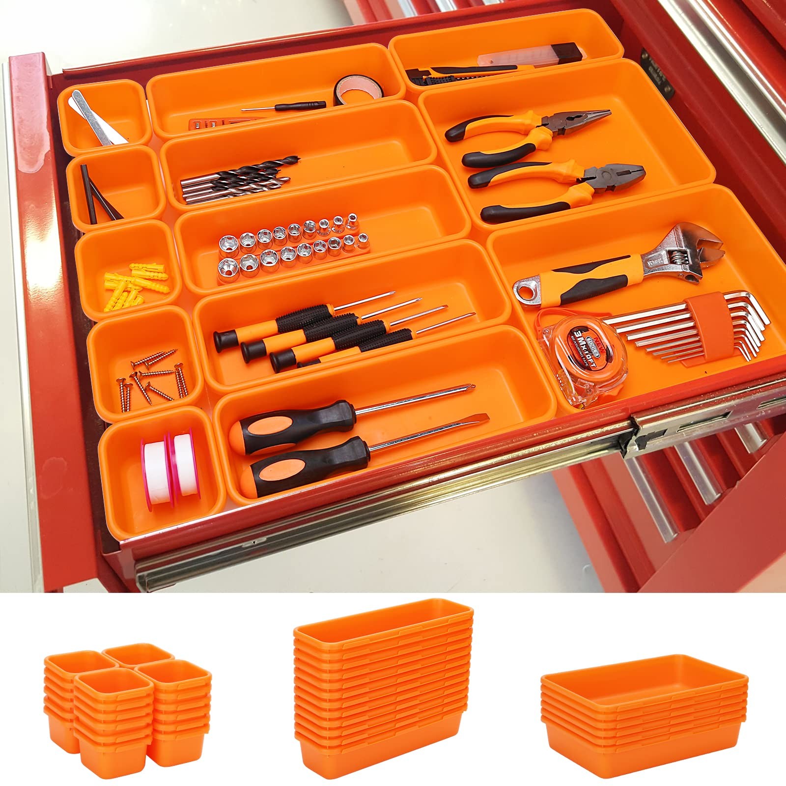 KeFanta 42 Pack Tool Box Organizer Tray Set Interlocking Plastic Orange Storage