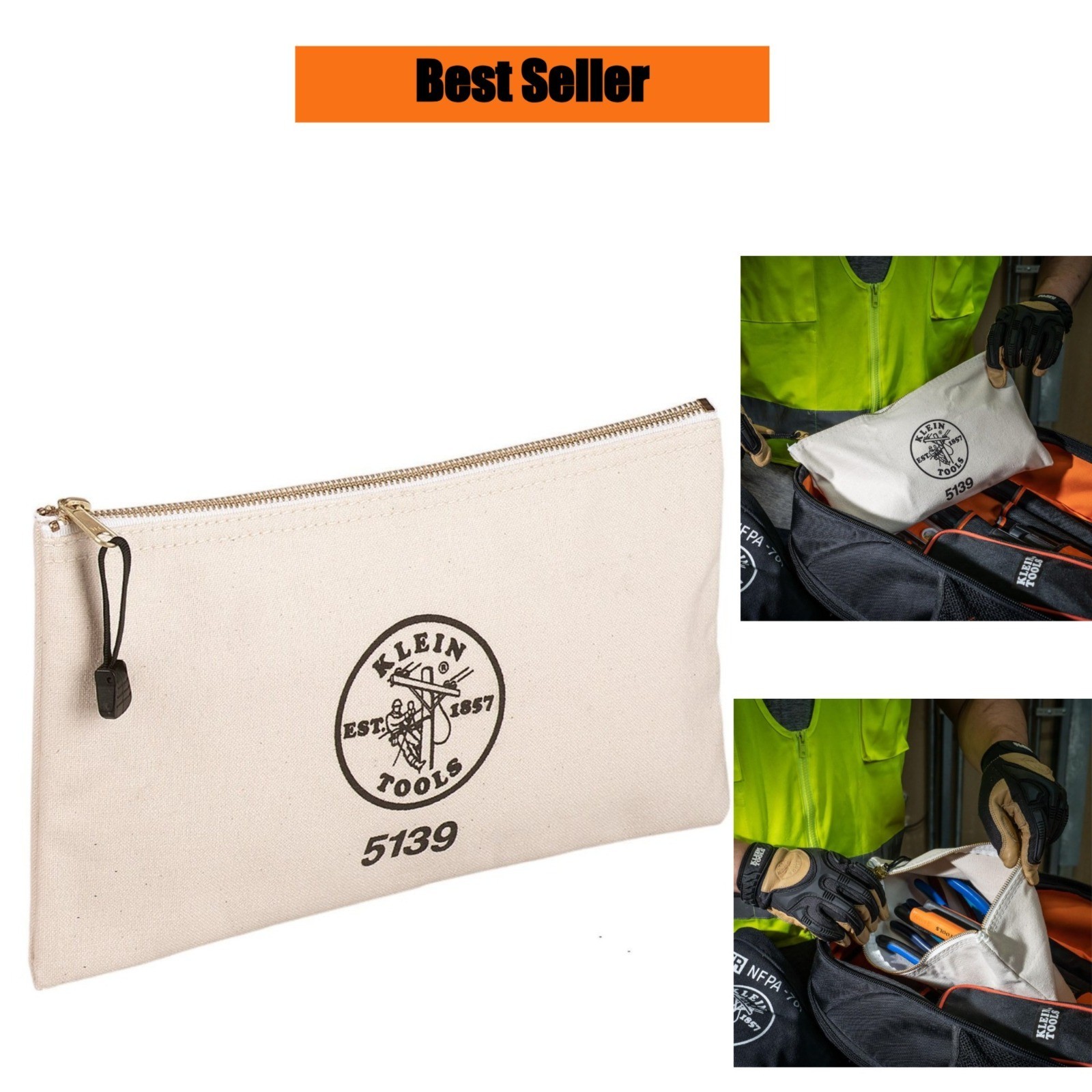 Klein Tools Canvas Tool Pouch 12.5in Heavy Duty Brass Zipper 5139