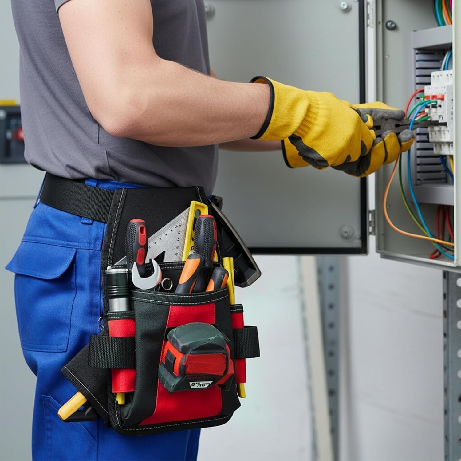 Professional 14-Pocket Electrician Tool Belt Pouch with Detachable Hammer Loop