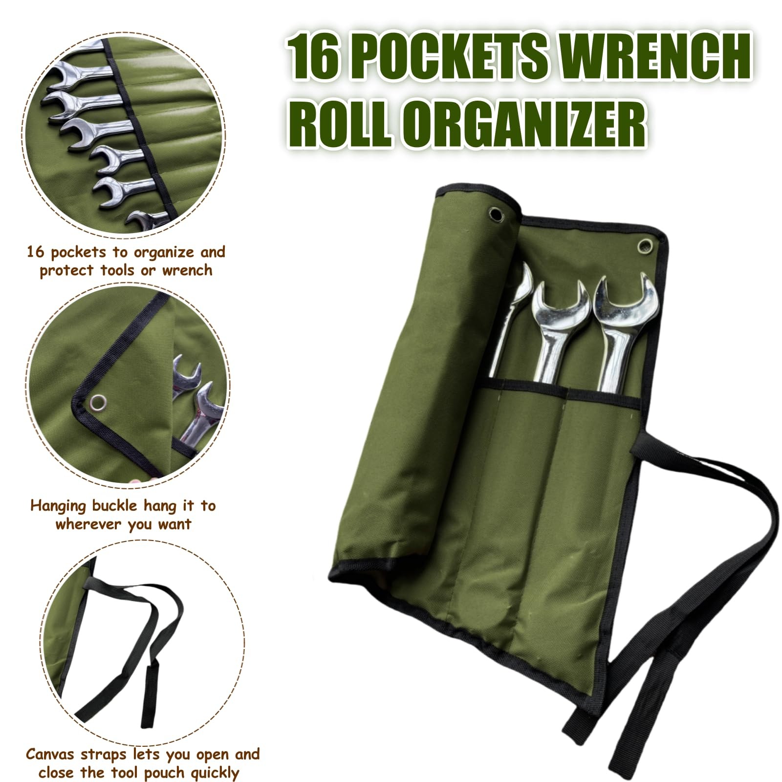 16 Pockets Wrench Roll Up Organizer, Bag and Tool Organizer Bag, Green