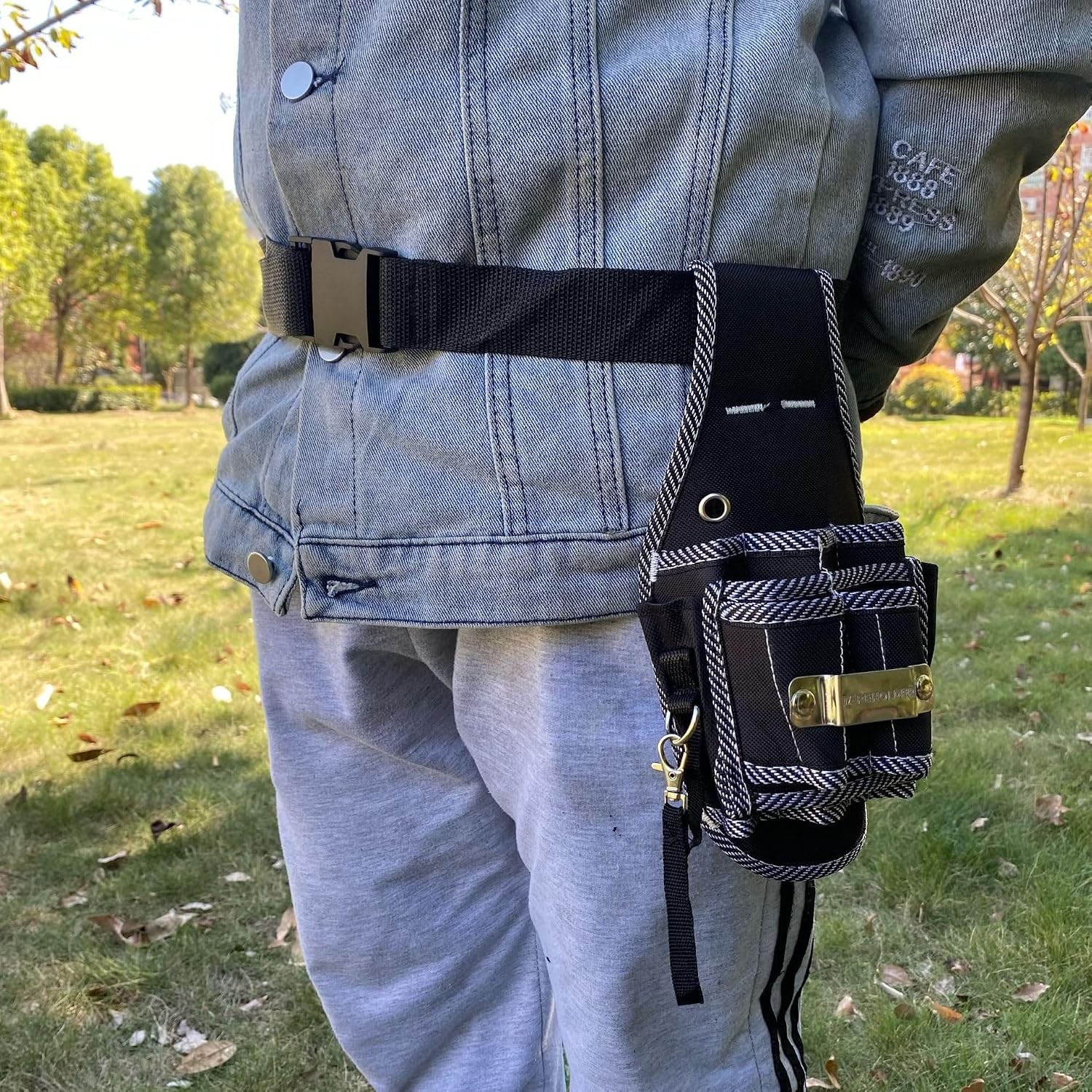 Small Tool Belt Pouch with Tape Measure Holder 5 Pocket Utility Bag Black