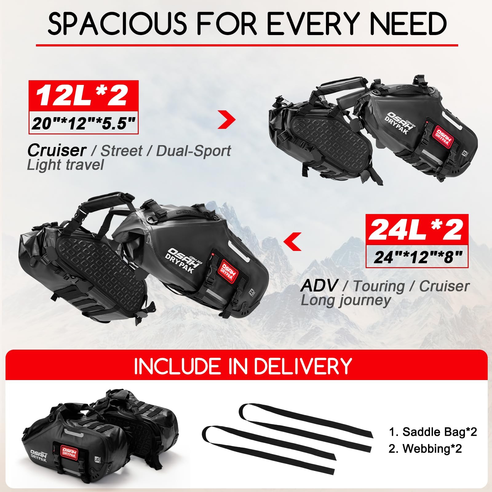 Motorcycle Saddle Bags Waterproof PVC 24L (12L*2) – Durable Anti-Slip Pannier