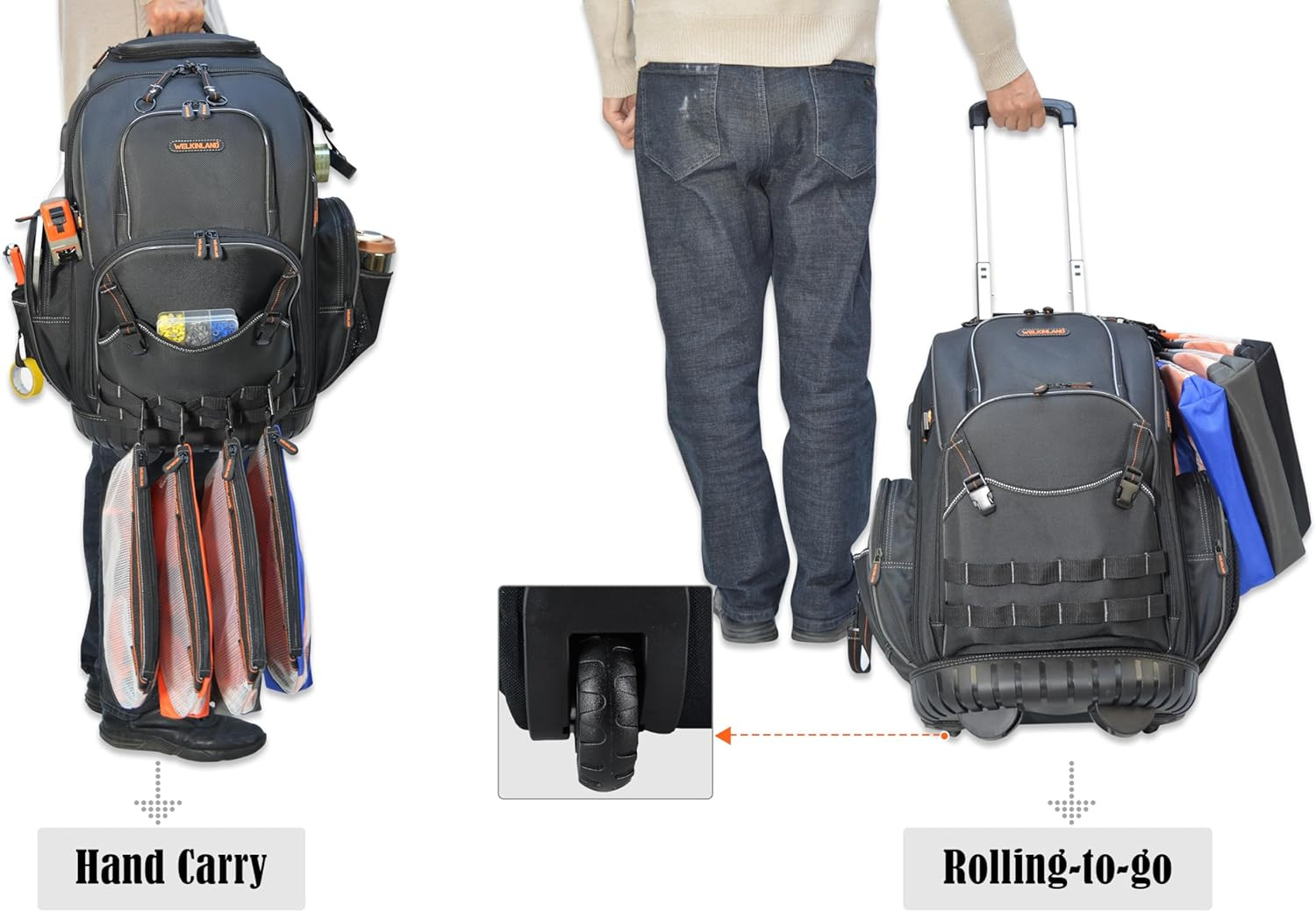 Rolling Tool Backpack with 4 Clear Pouches – Convenient & Spacious!