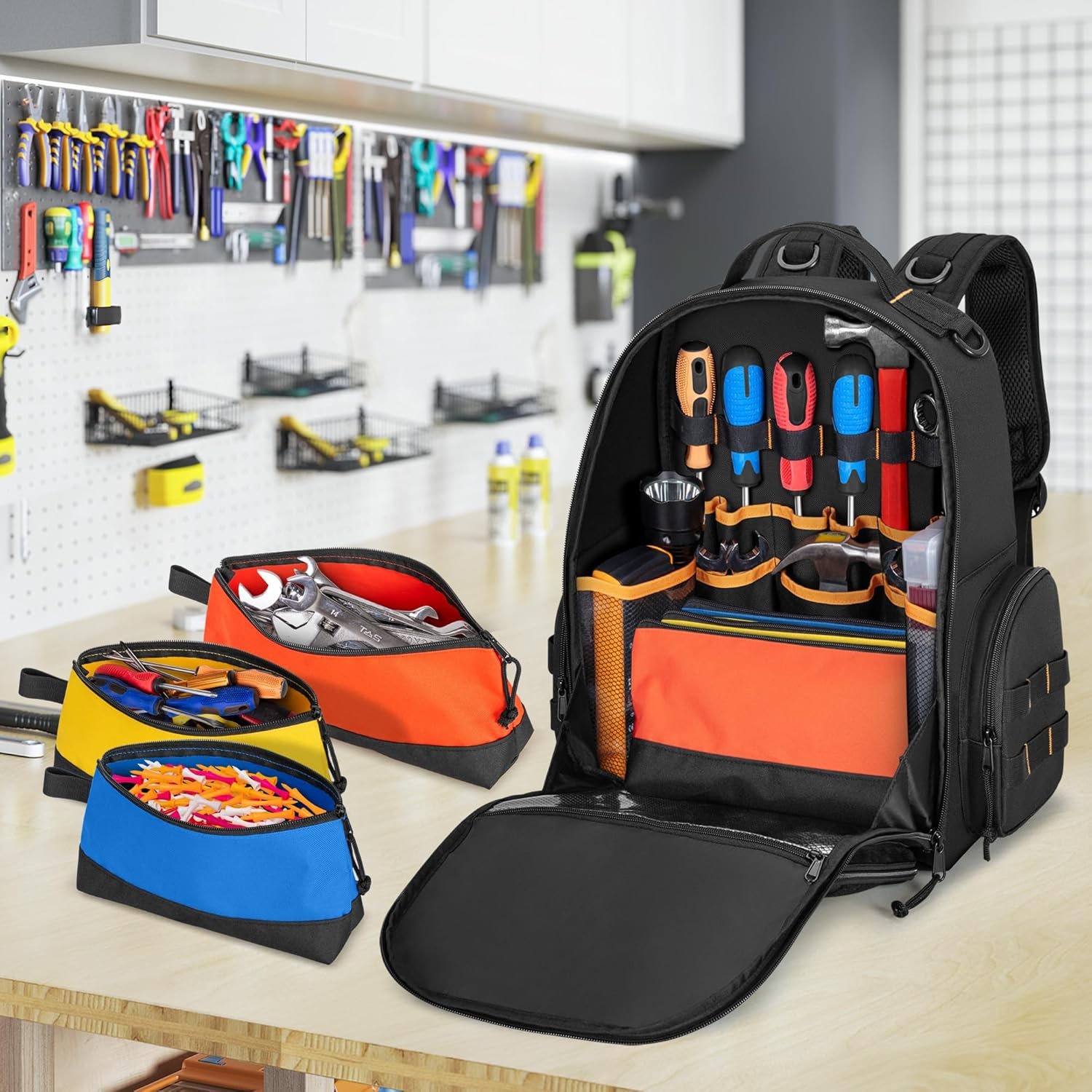 Tool Bag Backpack with 3 Tool Zipper Pouch, Tool Organizer Bag for Men with Padd