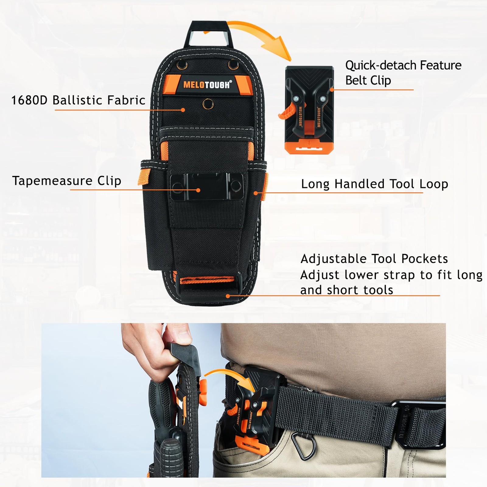 MELOTOUGH Small Tool Pouch With Tapemeasure Clip, Orange