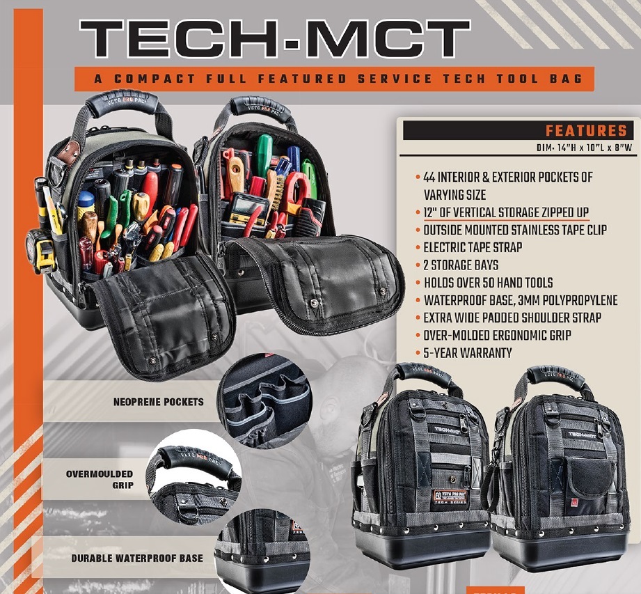 VETO PRO PAC TECH MCT MEDIUM CLOSED TOOL BAG: 44 interior and exterior pockets