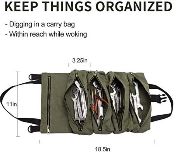 Durable Canvas Wrench Roll with Secure Zipper Closure – Emergency Tool Organizer