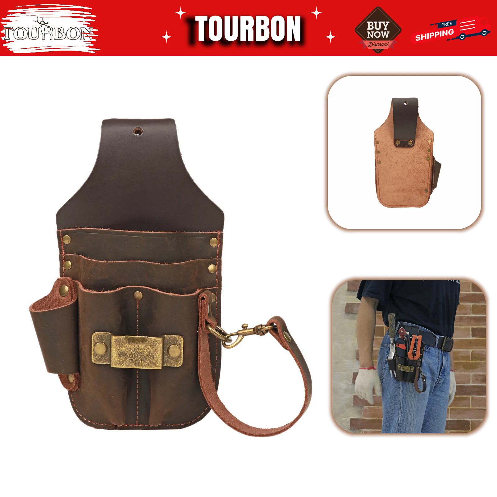 Leather 5 in 1 Tools Holster Electric Tape Thong Plier Pouch Belt Holder-TOURBON