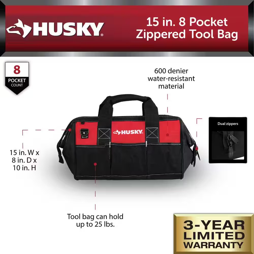 15 In. 8 Pocket Zippered Tool Bag
