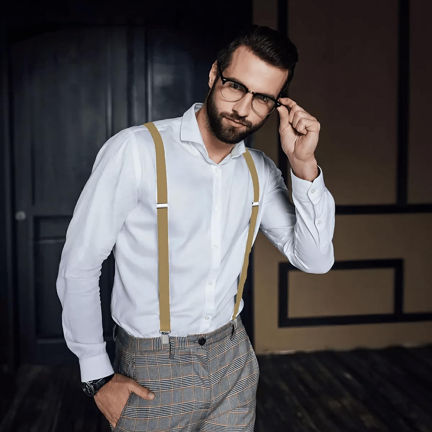 WOXVM Mens Suspenders Adjustable Braces with 4 Strong Metal One Size, Khaki