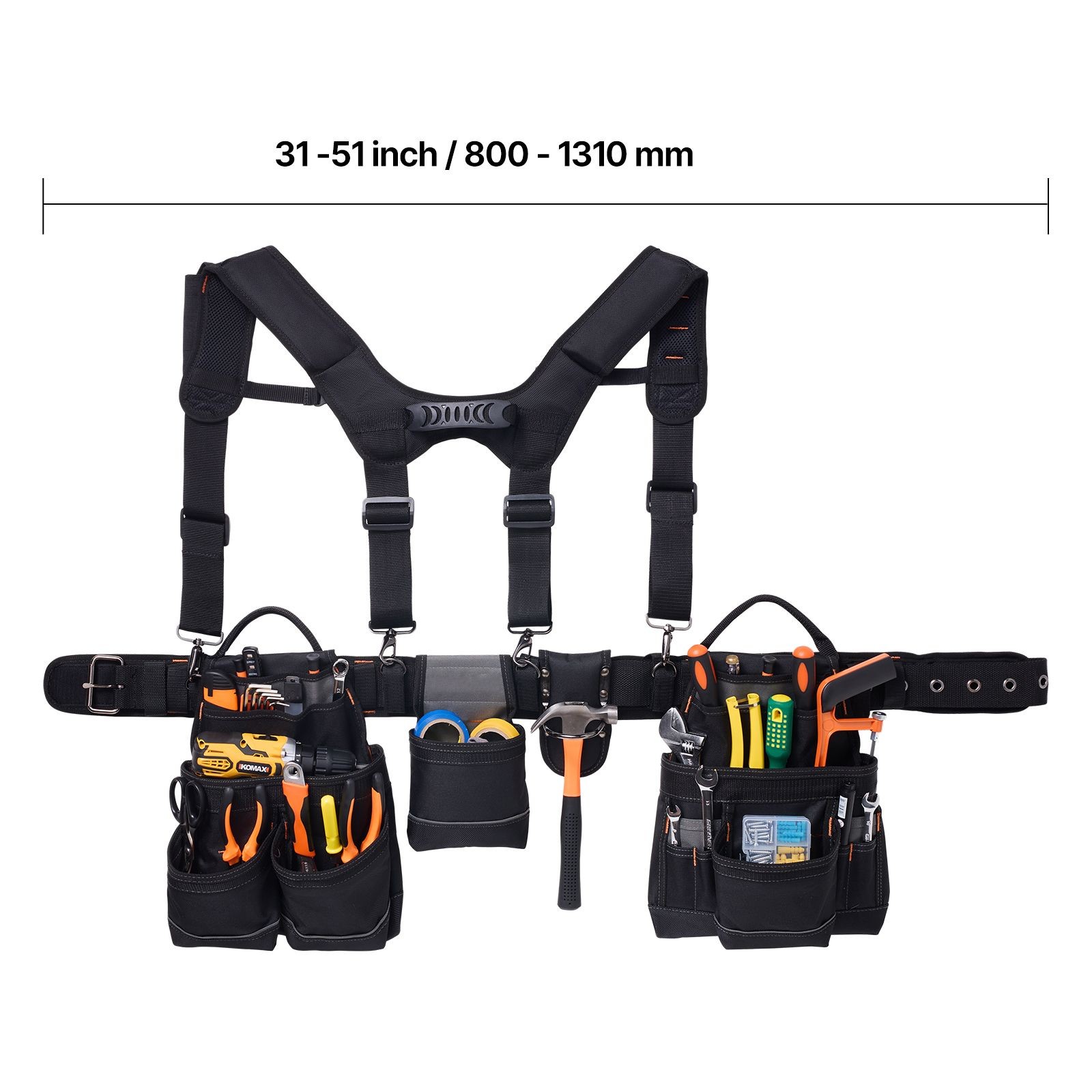 Carpenter Tool Belt with 19 Pockets & Suspenders, 31-51in