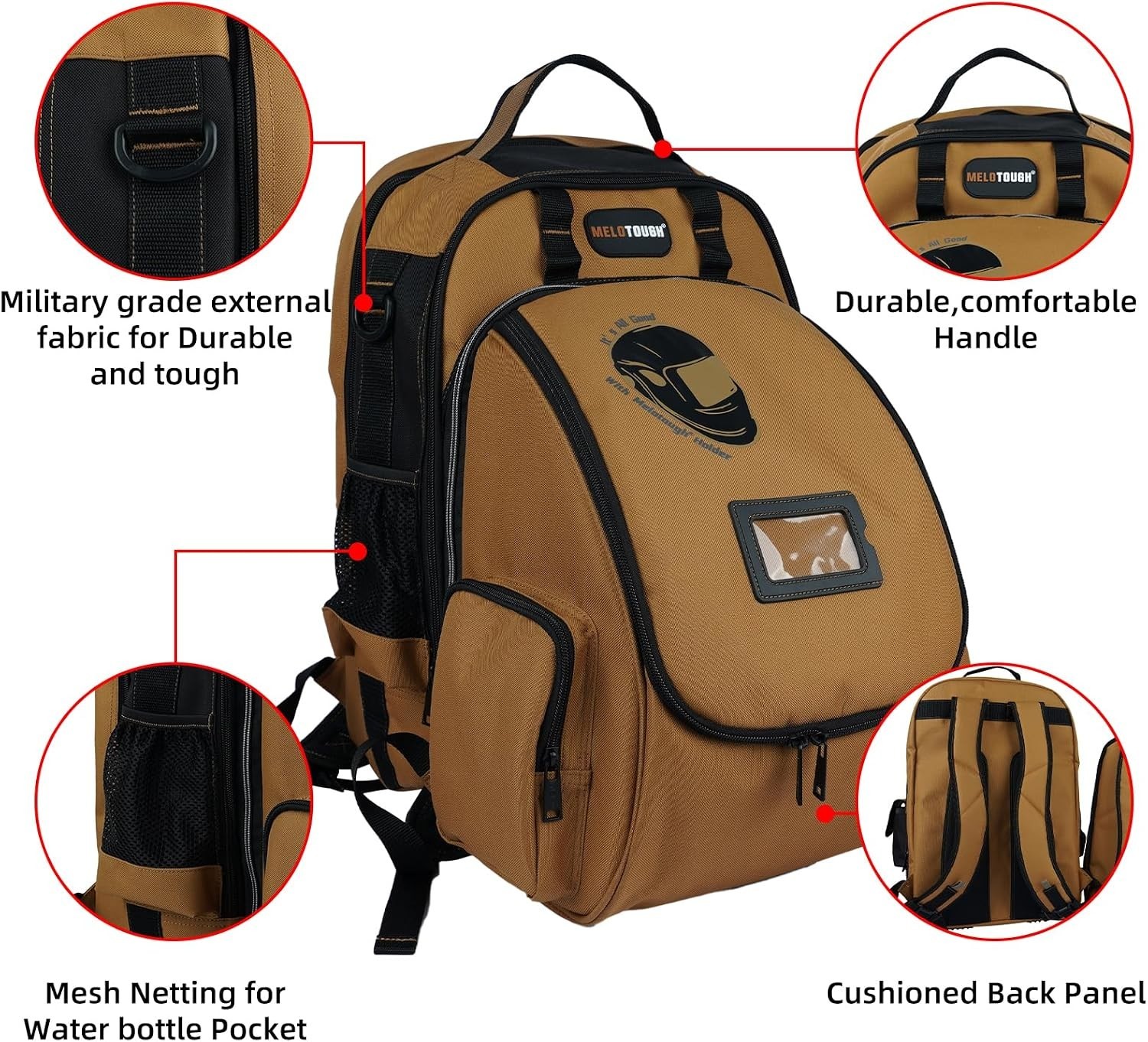 Military-Grade Welding Tool Backpack with Large Capacity Helmet Bag in Brown