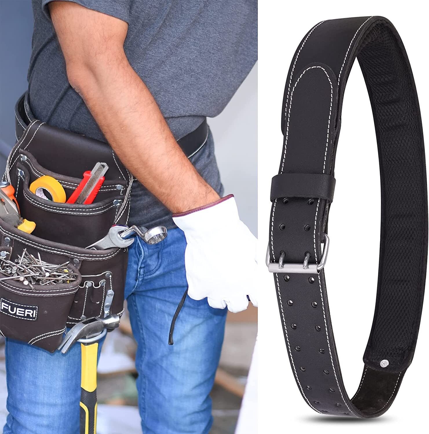 FUERI Premium Grain Leather Work Belt and 4 Pocket Electrician Tool Pouch Tool