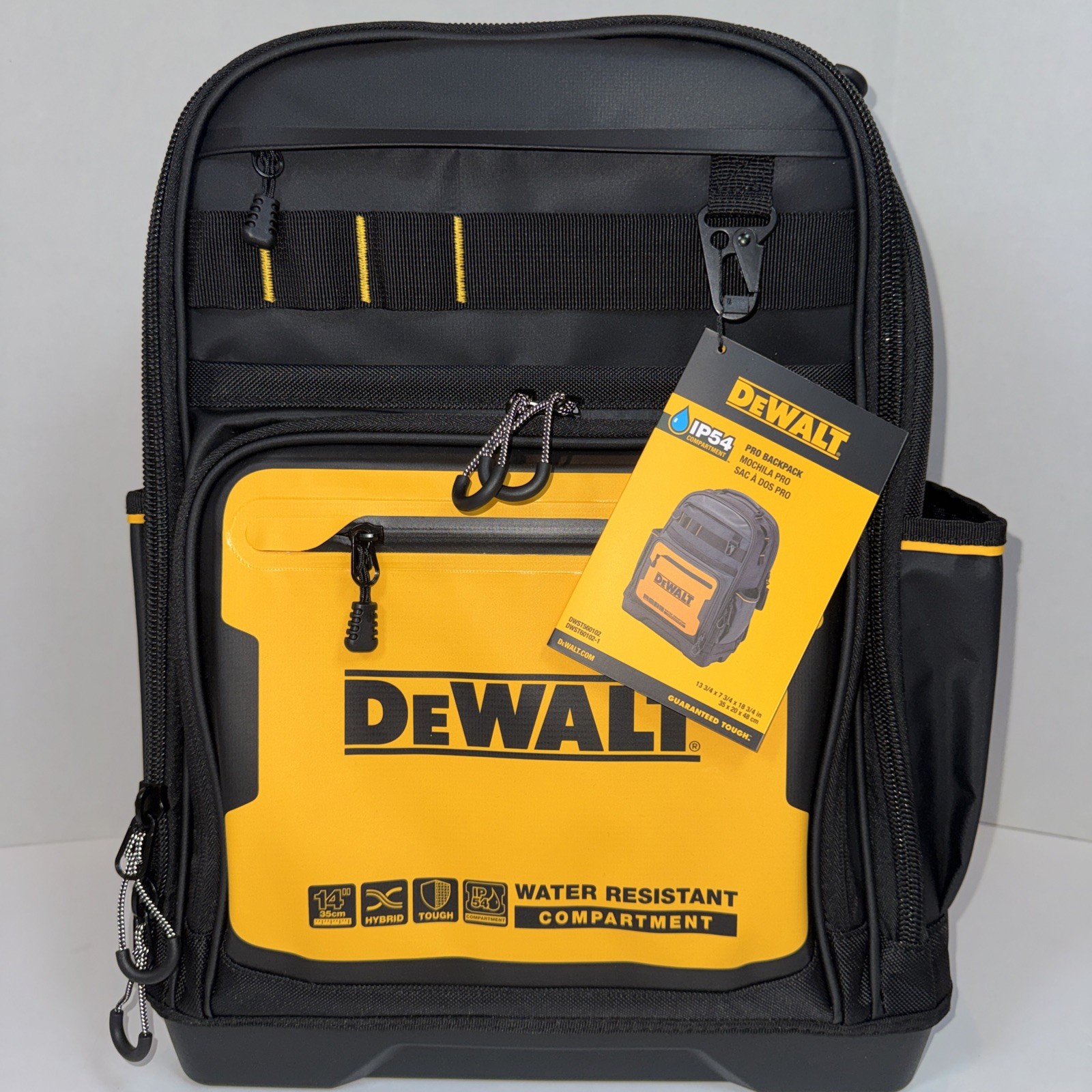 DEWALT Pro Backpack Black/Yellow Polyester, 7.75” x 18.75” x 13.75” DWST60102-1