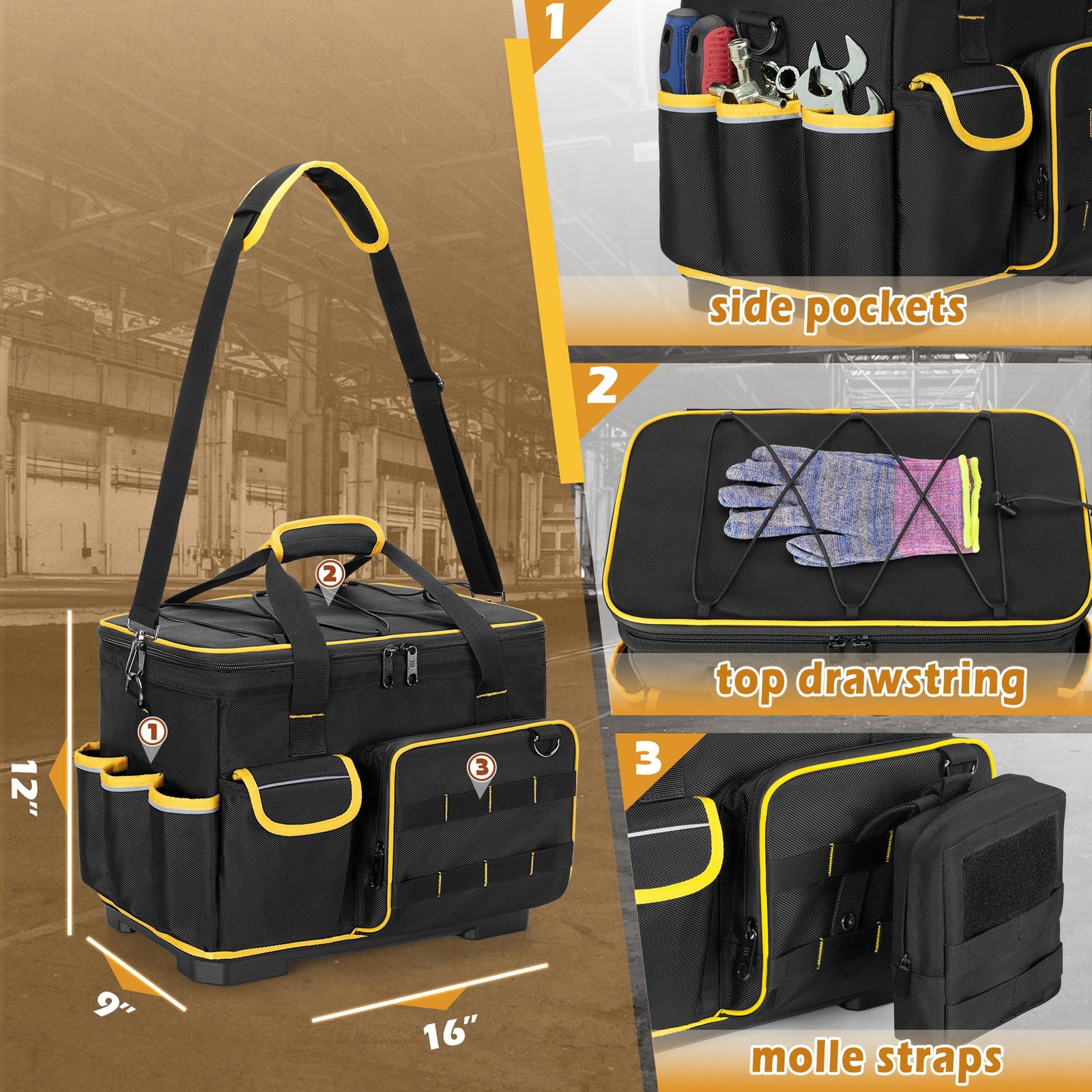 16-inch Tool Bag with Hard Bottom and a 16″ x 12″ x 9″, Black