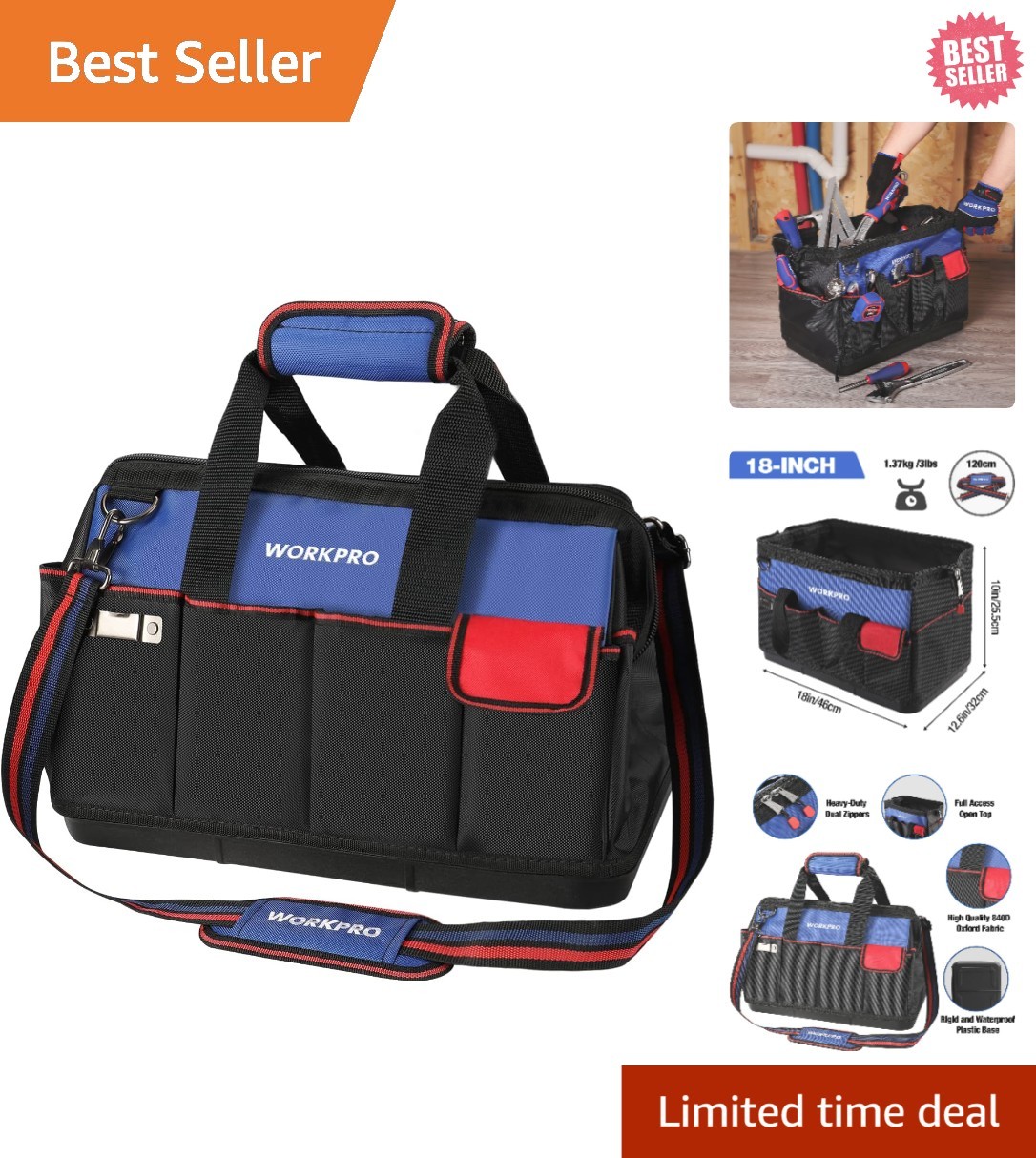 Versatile 18-Inch Waterproof Tool Bag with Shoulder Strap & 20 Compartments